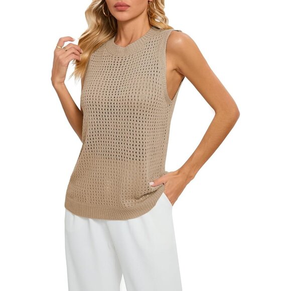 🆕 Women Khaki Mesh Crochet Tank Top Sexy Sleeveless Crew Neck Knit Loose Shirt - Picture 3 of 7